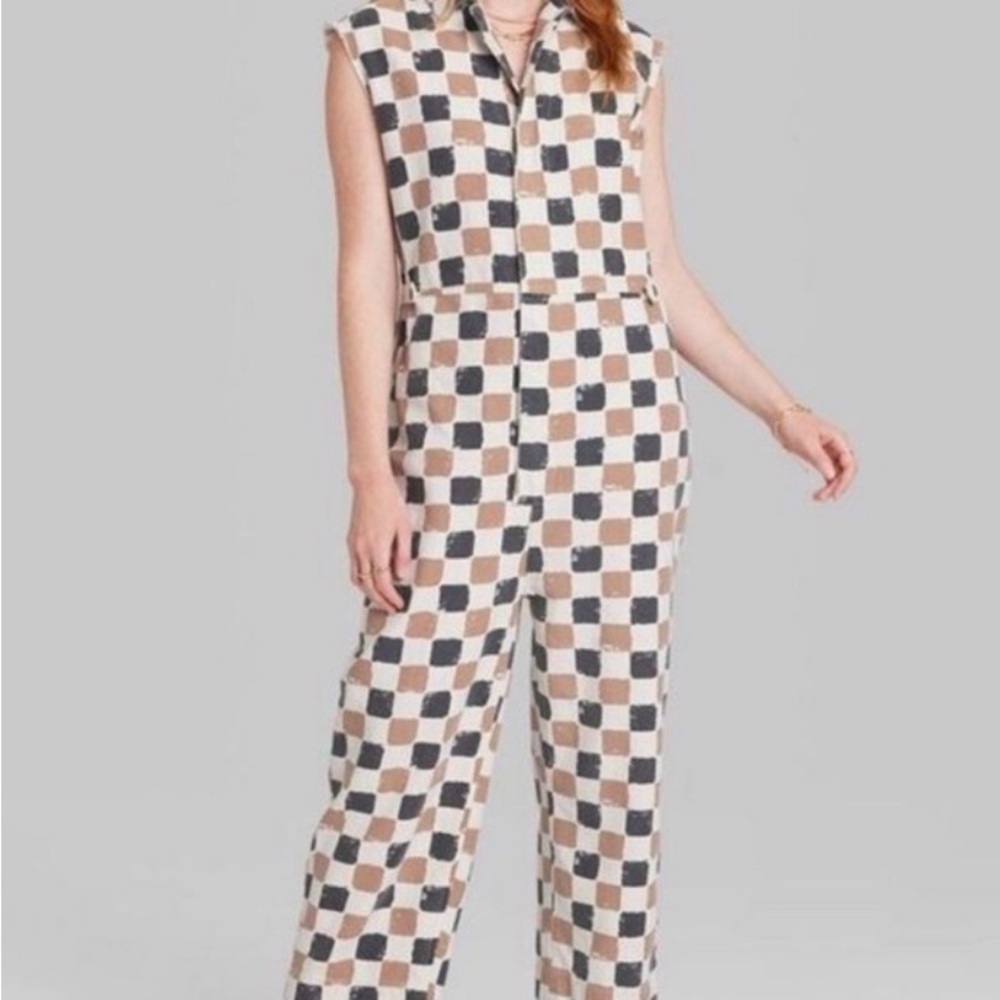 Checkered Sleeveless Jumpsuit - Black and Brown - Picture 2 of 2